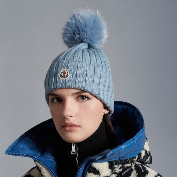 Moncler Wool Sky Blue Beanie With Fox Pompom Sky Blue - Picture 1 of 4